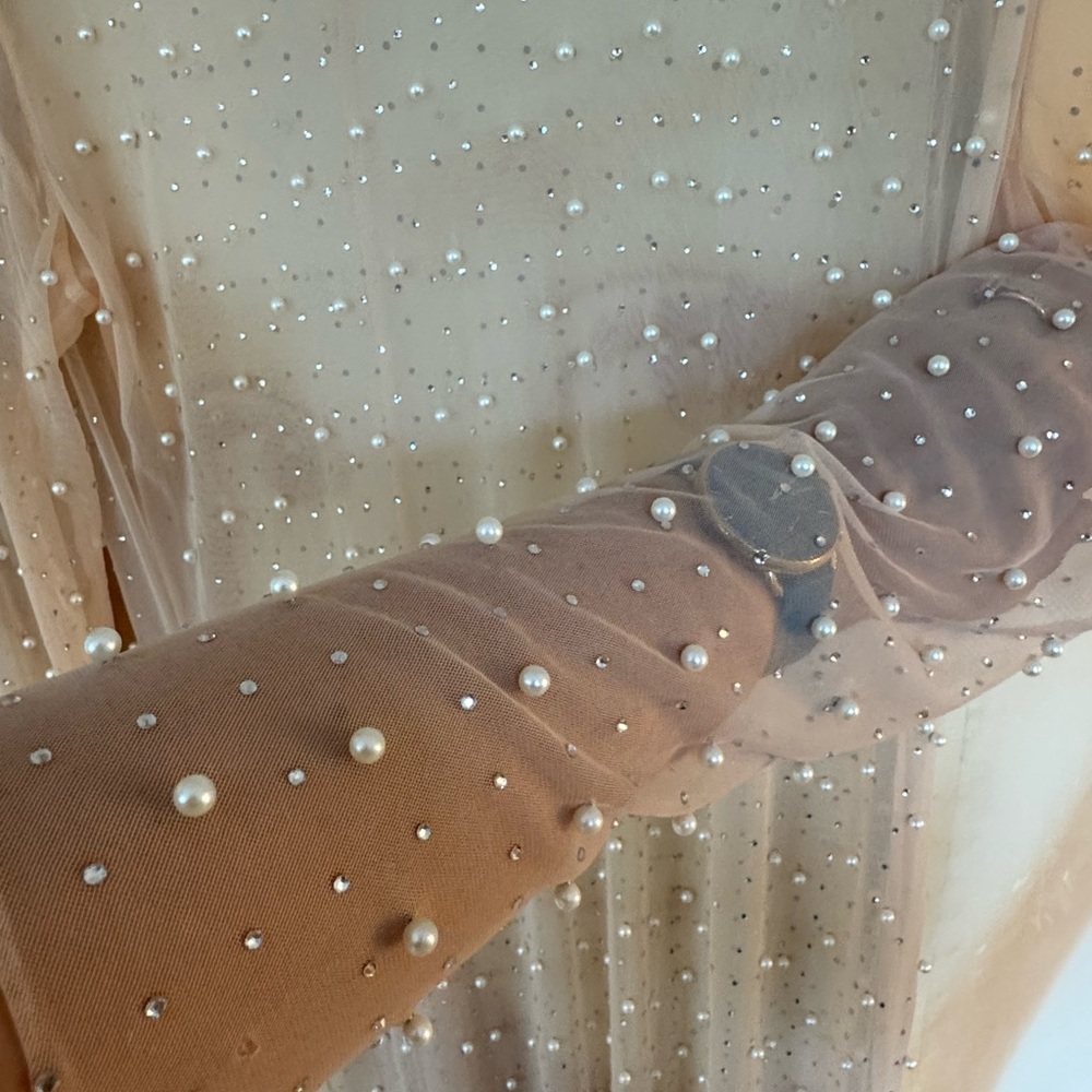 Sheer Pearl-Embellished Dress: long sleeve, midi/maxi length